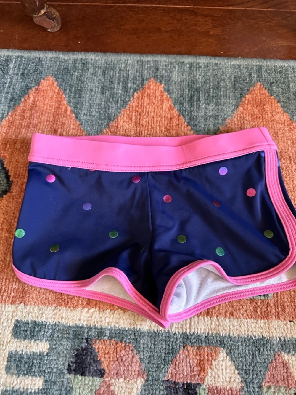 Mini Boden Girls Navy Swim Shorts with Pink Trim and Multicolor Dots
